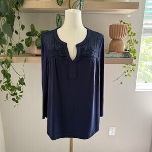 Daniel Rainn Anthropologie Navy Blue Sheer Yoke Long Sleeve Blouse Women M
